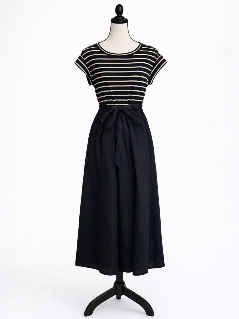 Striped Black & Cream Midi Dress with Tie Waist